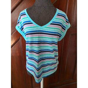 Talbots Petite V-Neck Striped Short Sleeve Top M Linen Blend Blue & Purple